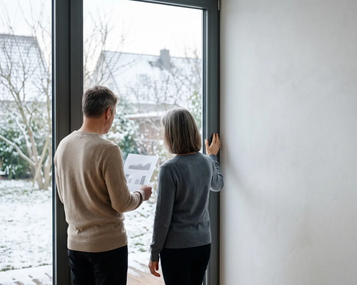 Hausbesitzer-Paar am Fenster betrachtet einen Heizkostenvergleich auf einem Ausdruck