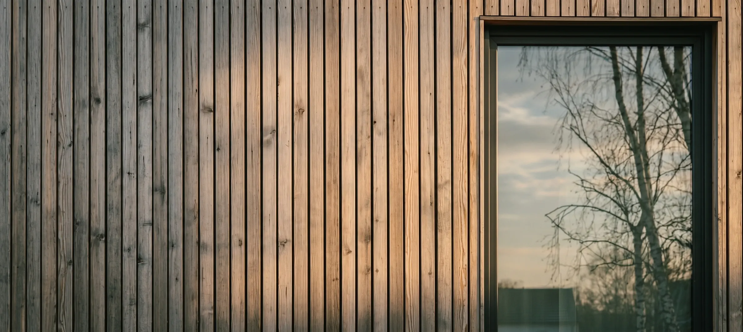 Detailansicht einer modernen Holzfassade in warmem Abendlicht