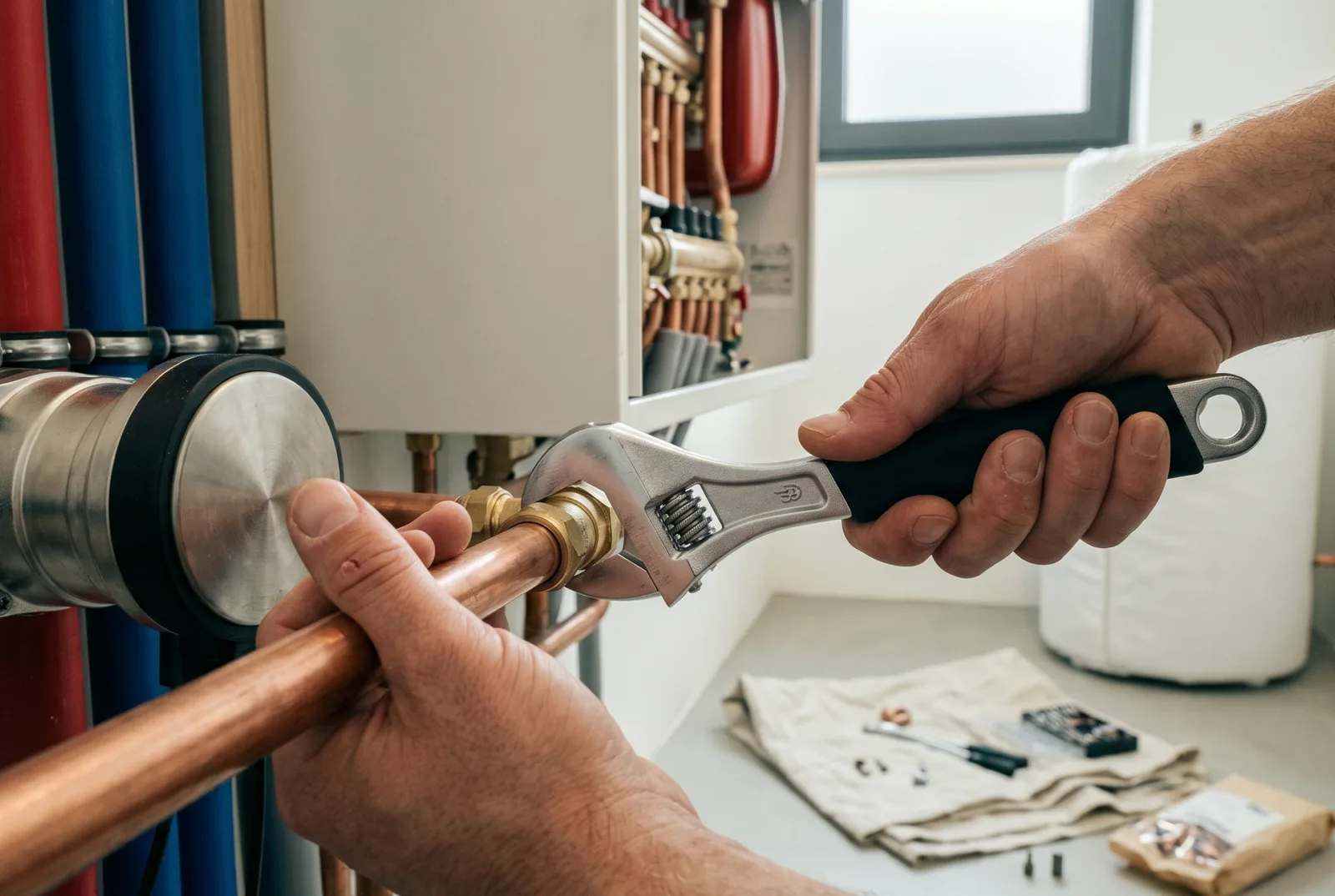 Detailansicht: Fachhandwerker arbeitet mit Rohrzange an Kupferleitungen einer Heizungsanlage