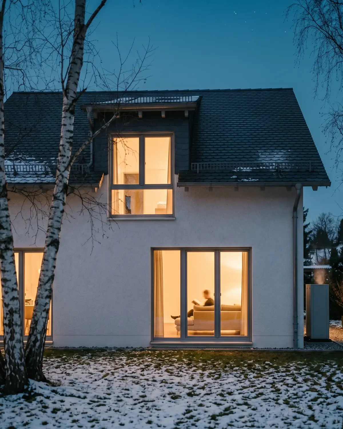 Modernes Einfamilienhaus zur blauen Stunde mit warm beleuchteten Fenstern